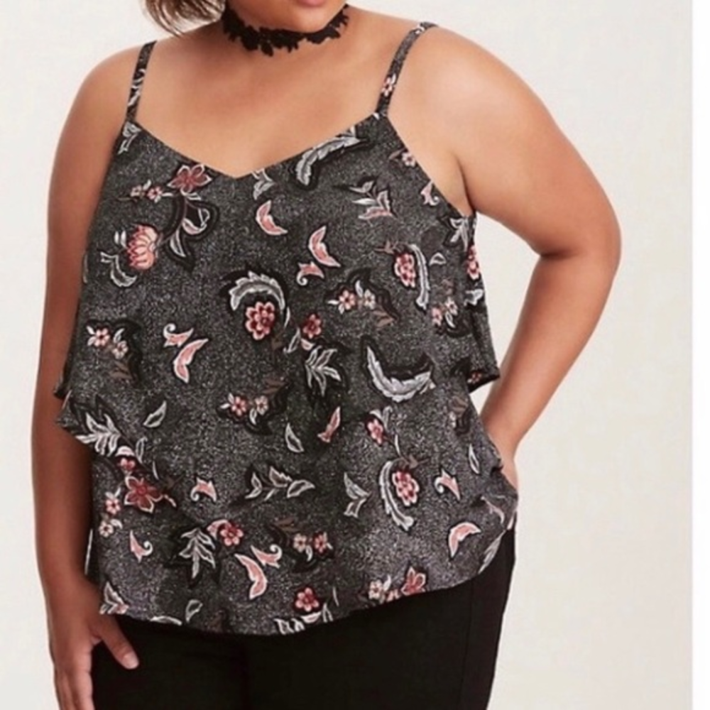 Torrid Sophie Chiffon Black Dot Coral Floral Cross Cross Layered Tiered Cami 1X